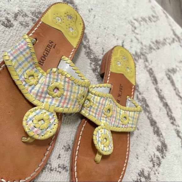 Jack Rogers Navajo Yellow Pastel Multi Plaid Leather Flip Flop Sandals 9 - Picture 7 of 9